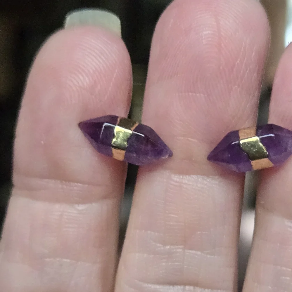 Amethyst natural crystal gemstone sterling & gold earrings - Picture 3 of 8